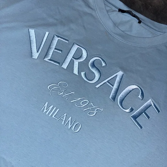 Versace Milano Embroidered Logo Sky Blue T-Shirt